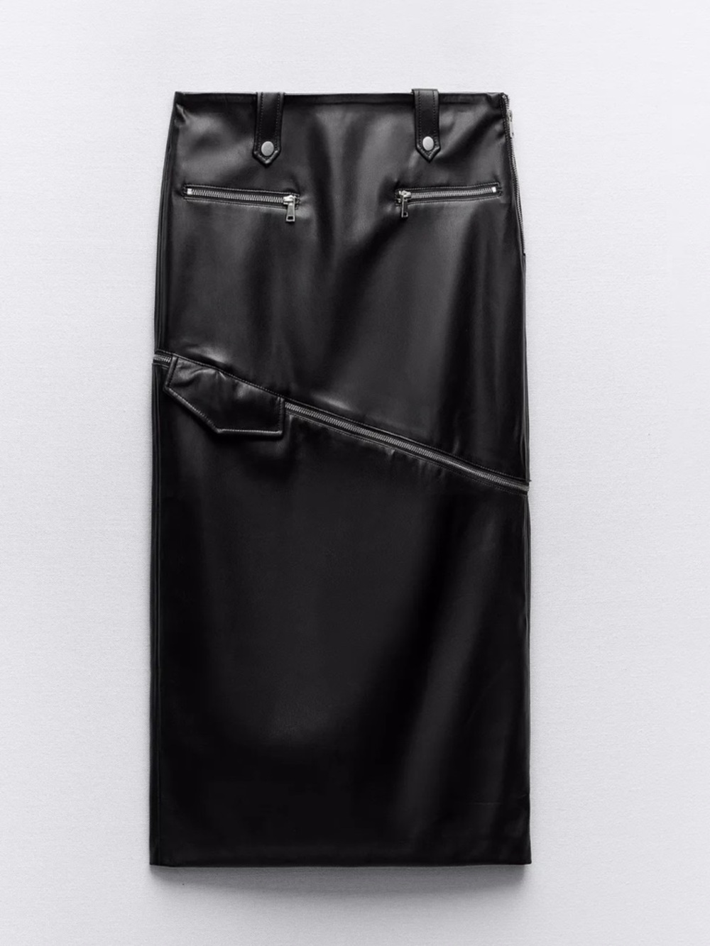 Black Faux Leather Midi Skirt with Zipper Pocket Detail
